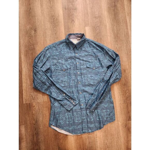 Roper Pearl Snap Southwest design Turquoise  chest pockets Men's Medium cotton - Picture 8 of 8